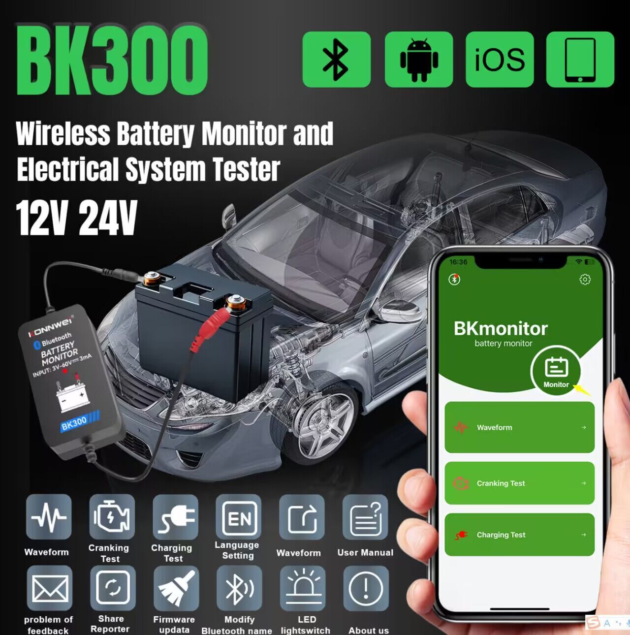 Konnwei ' s new BK300 car battery monitor 12V Battery Detector