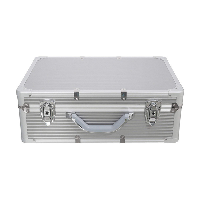 Aluminium alloy toolbox and equipment kit containing sea sponge anti-shock panels for cosmetics.