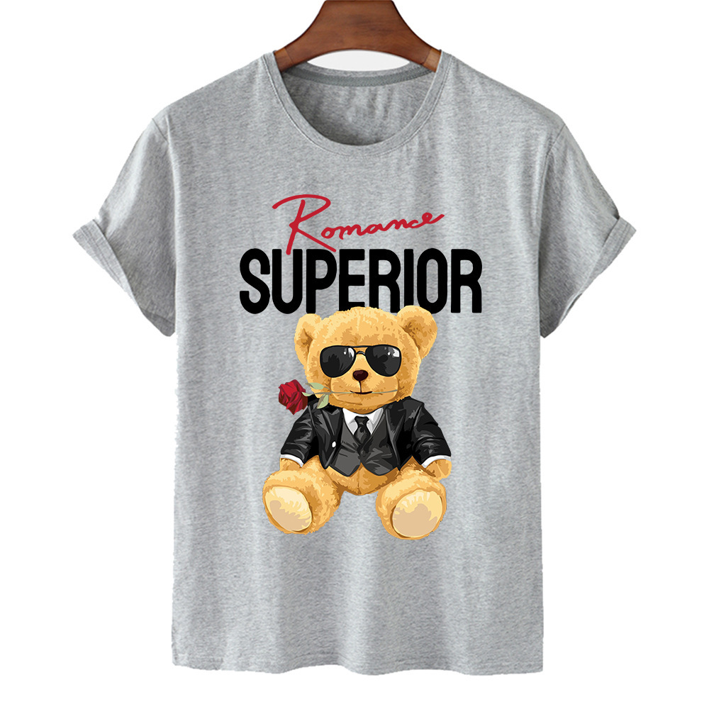 Áo phông in chữ hình chú gấu hoạt hình SUPERIOR tay ngắn cho bé gái, phong cách thời trang châu Âu, Amazon xuyên biên giới.