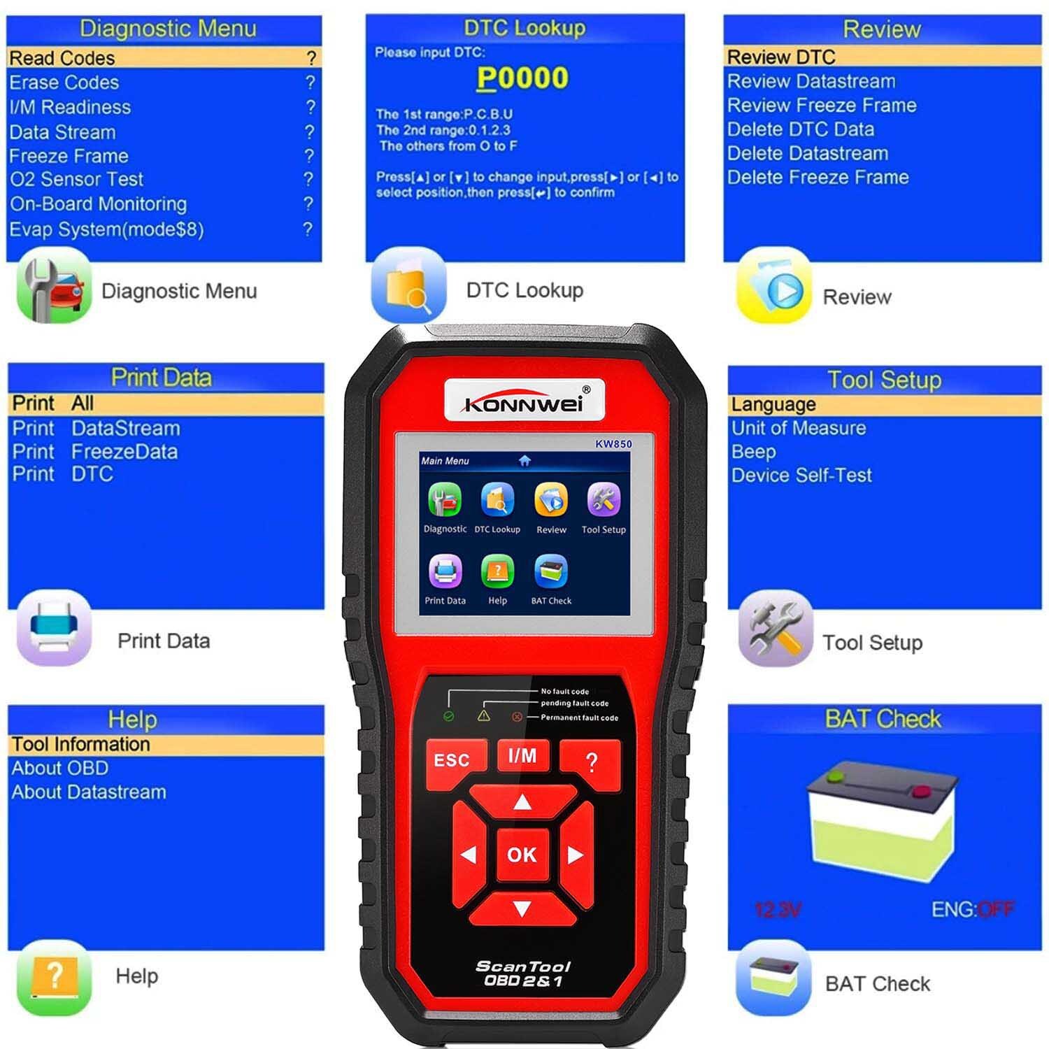 Konnwii KW850 ObdII EOBD Computer Fault Scanner Coder, Nine Languages, Al519