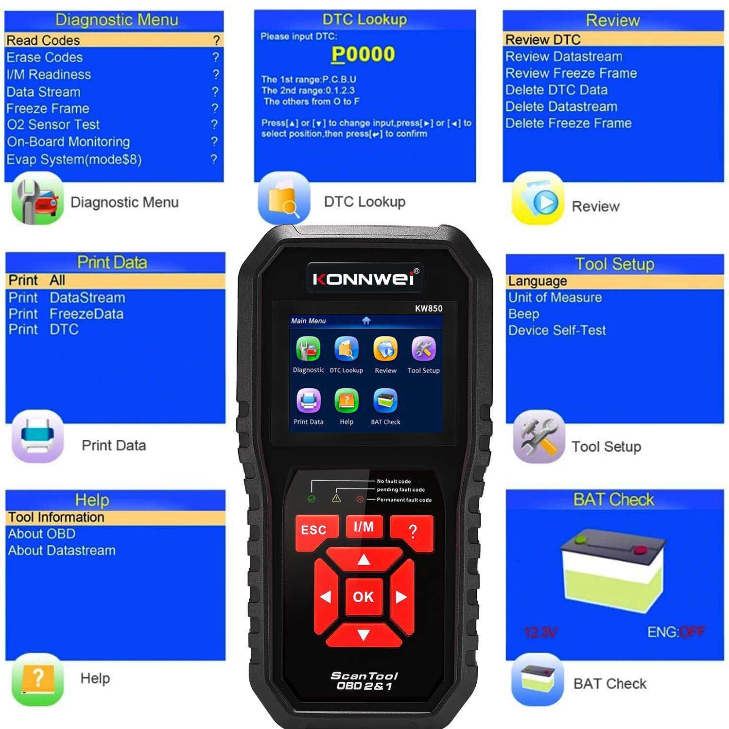 Konnwii KW850 OBDII EOBD Computer Fault Scanner Coder CarLog