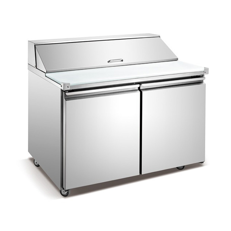 A stainless steel salad cabinet.