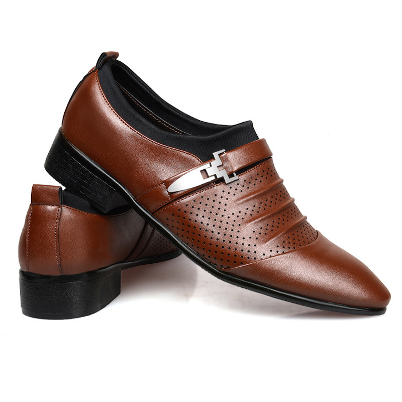 A new, empty-skinned man's business leisure shoe with a hole in a man's shoe.
