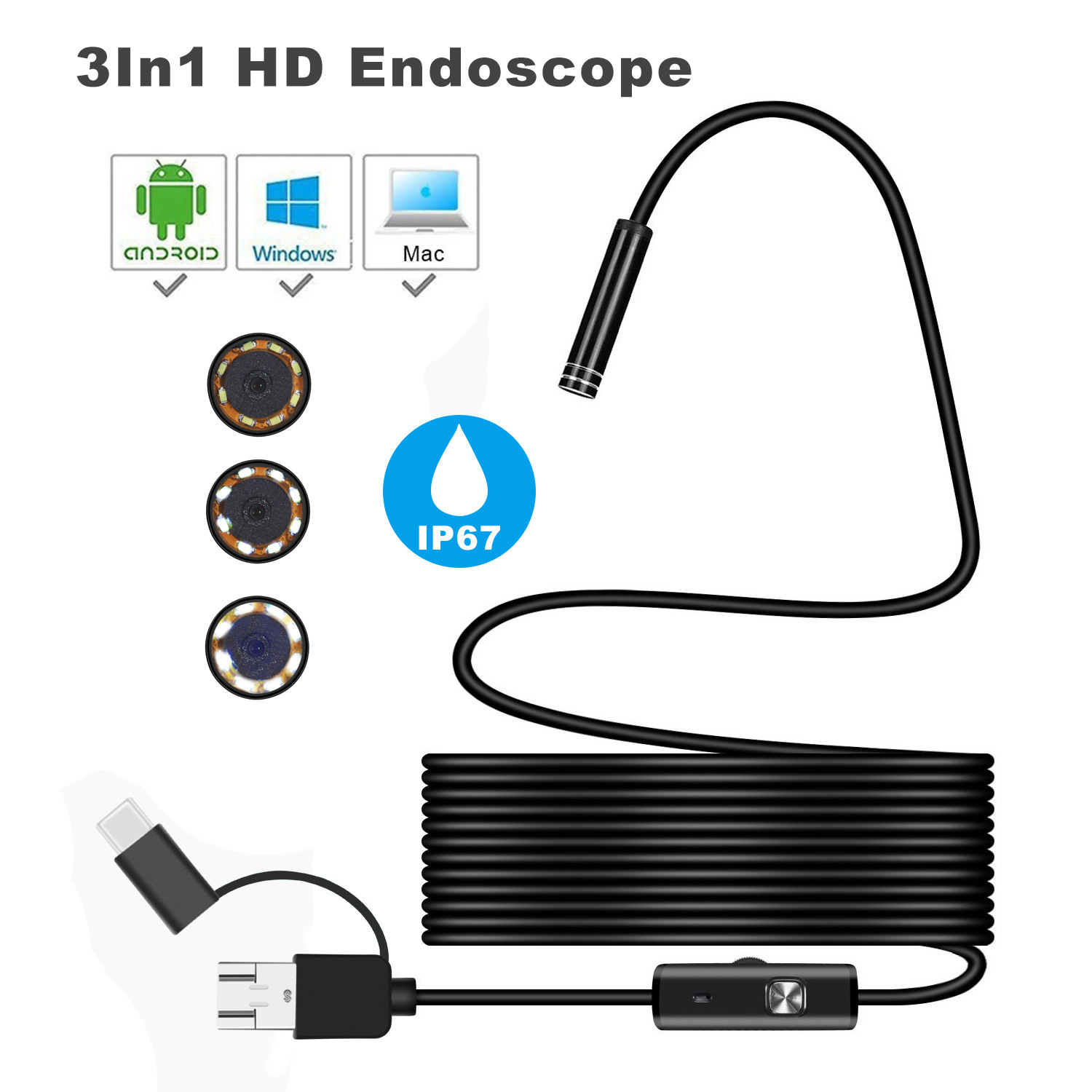 Triple TYPE-C USB Anjore phone endoscope 7MM screw 2 m waterproof endoscope