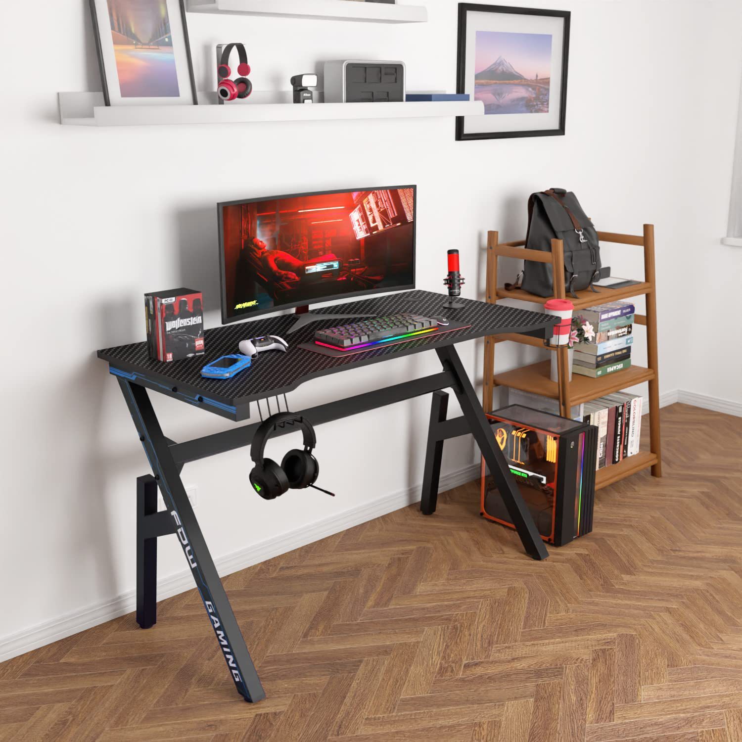 Office computer tables in a modern, simple, carbon-based game room and a single-person electric table bar