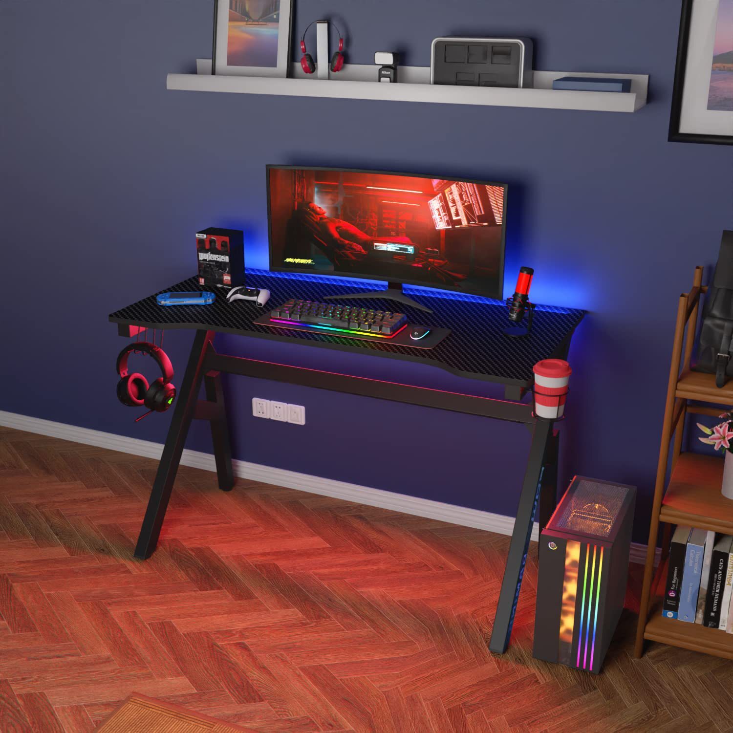 Office computer tables in a modern, simple, carbon-based game room and a single-person electric table bar