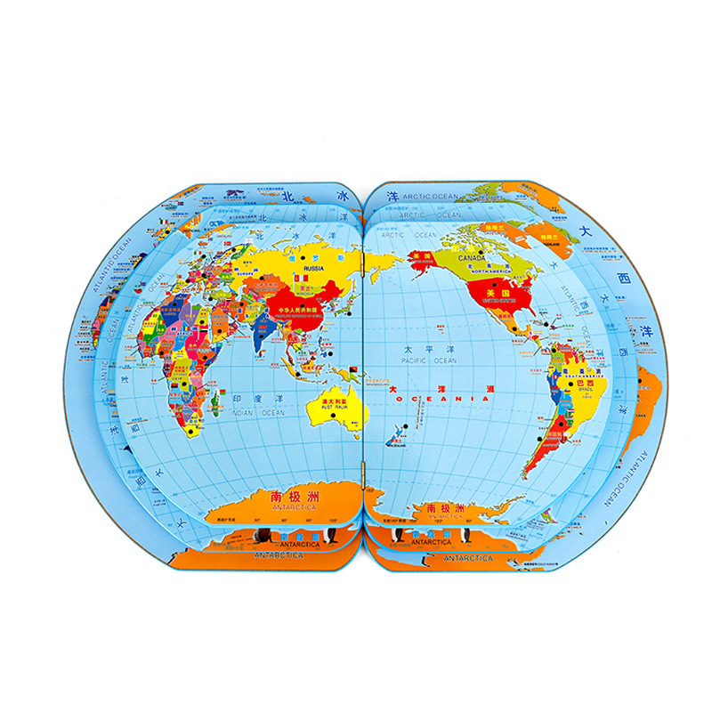 A wooden map of the world for children's intellectual toys.