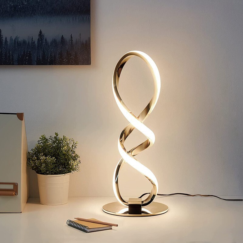 A very simple silver LED lamp, a modern light luxurious bedroom bed, allows remote lighting of home-decorated desktop lamps in the living room