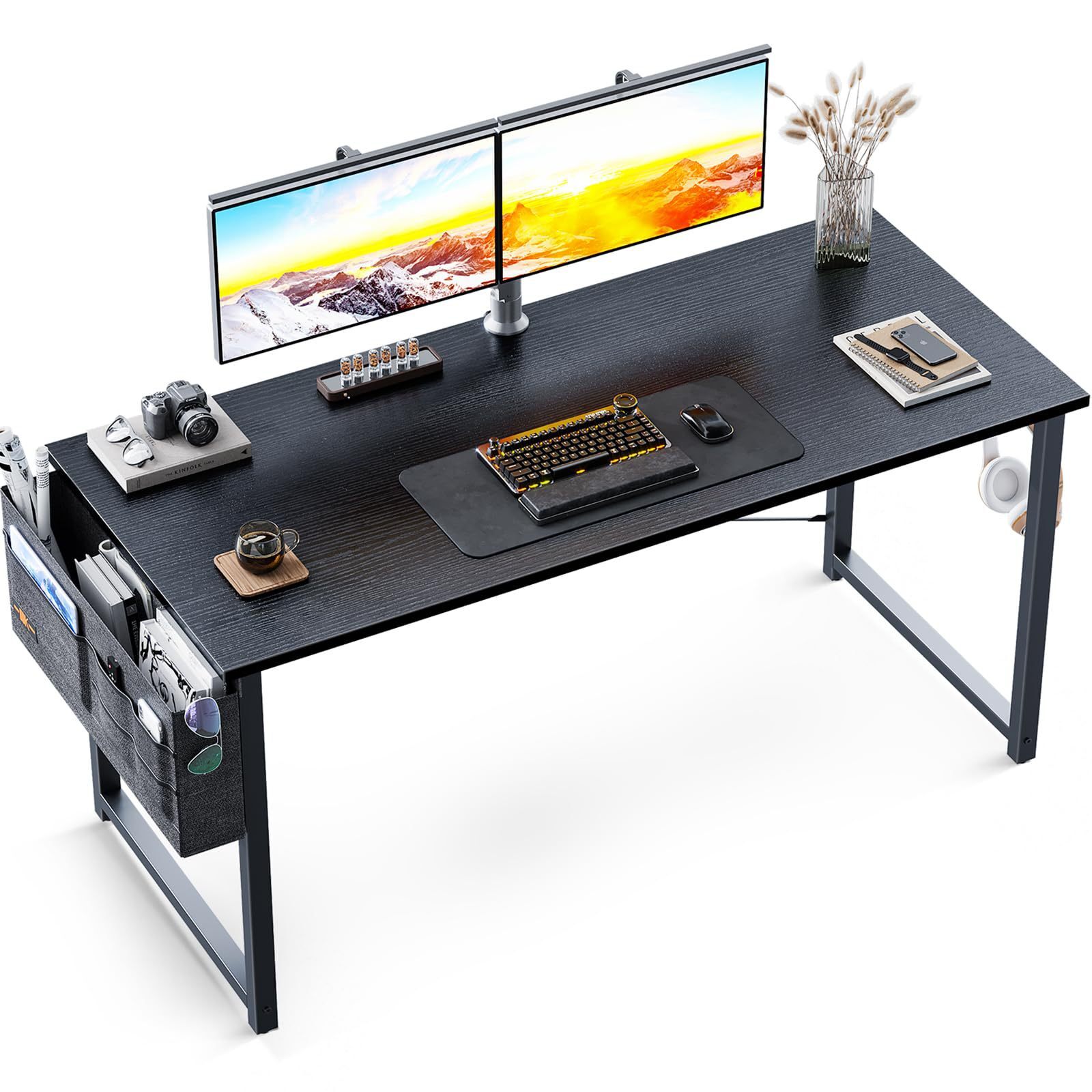 A solid home desk desk with bags and headphones.