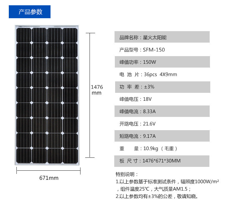 A new solar panel 150 WW single-crystal solar panel 12V-PV system