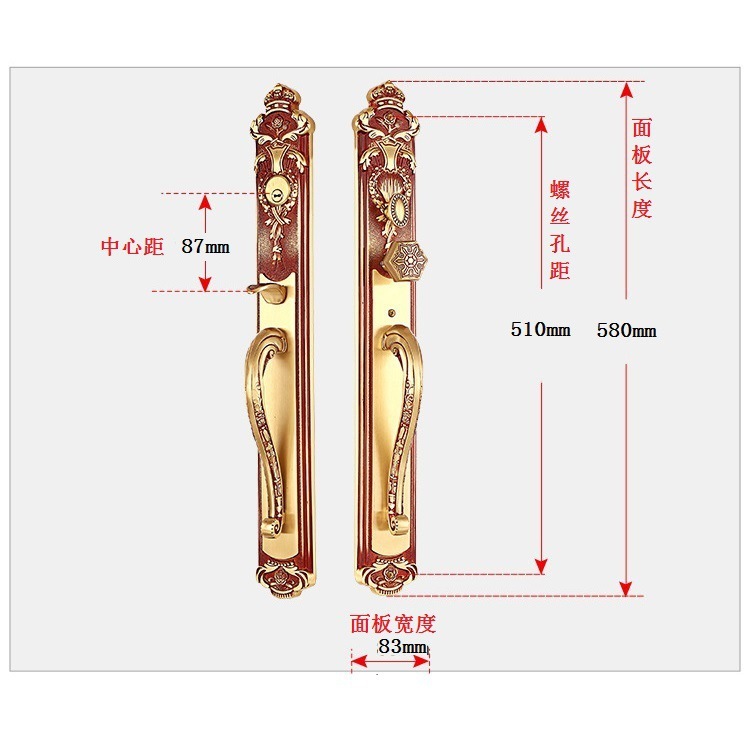 欧式别墅轻奢双开门铜锁入户大铜锁雕花锻压580mm长面板厂家批发