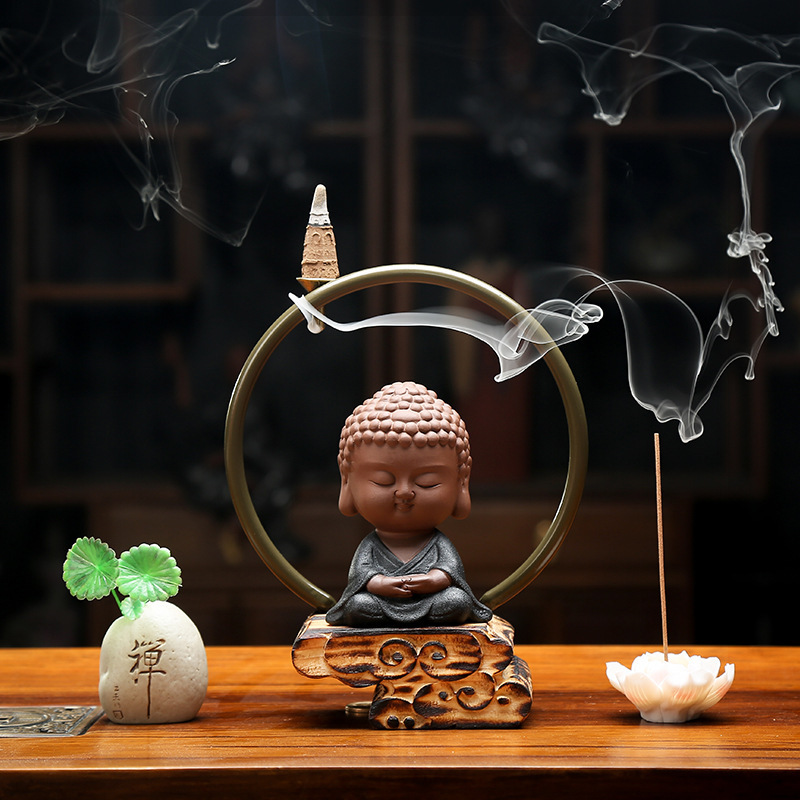 紫砂茶寵如來佛像中式禪意擺件創意人物陶瓷工藝品倒流香蓮花線香
