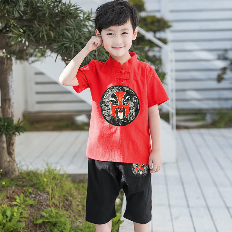 Chinese Windboys in Summer New Kids Tang Men Short-sleeved Harlen Pocket with a Han dress