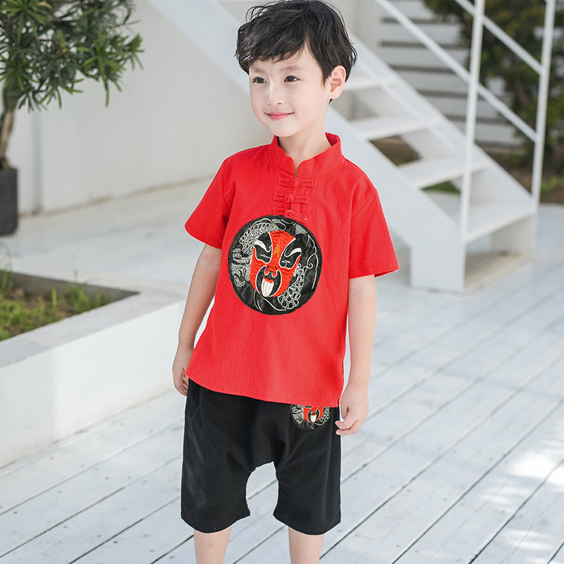 Chinese Windboys in Summer New Kids Tang Men Short-sleeved Harlen Pocket with a Han dress