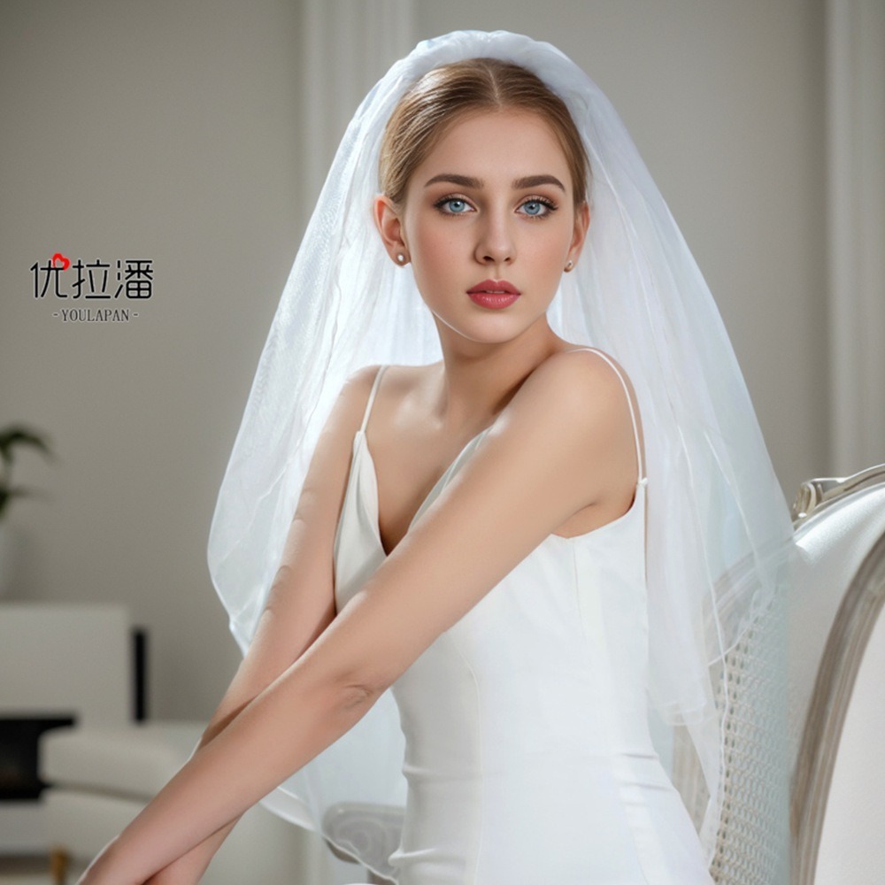 Yolapan V15, Korean bride's veil white, 간단한, 두 층, 단기 결혼식.