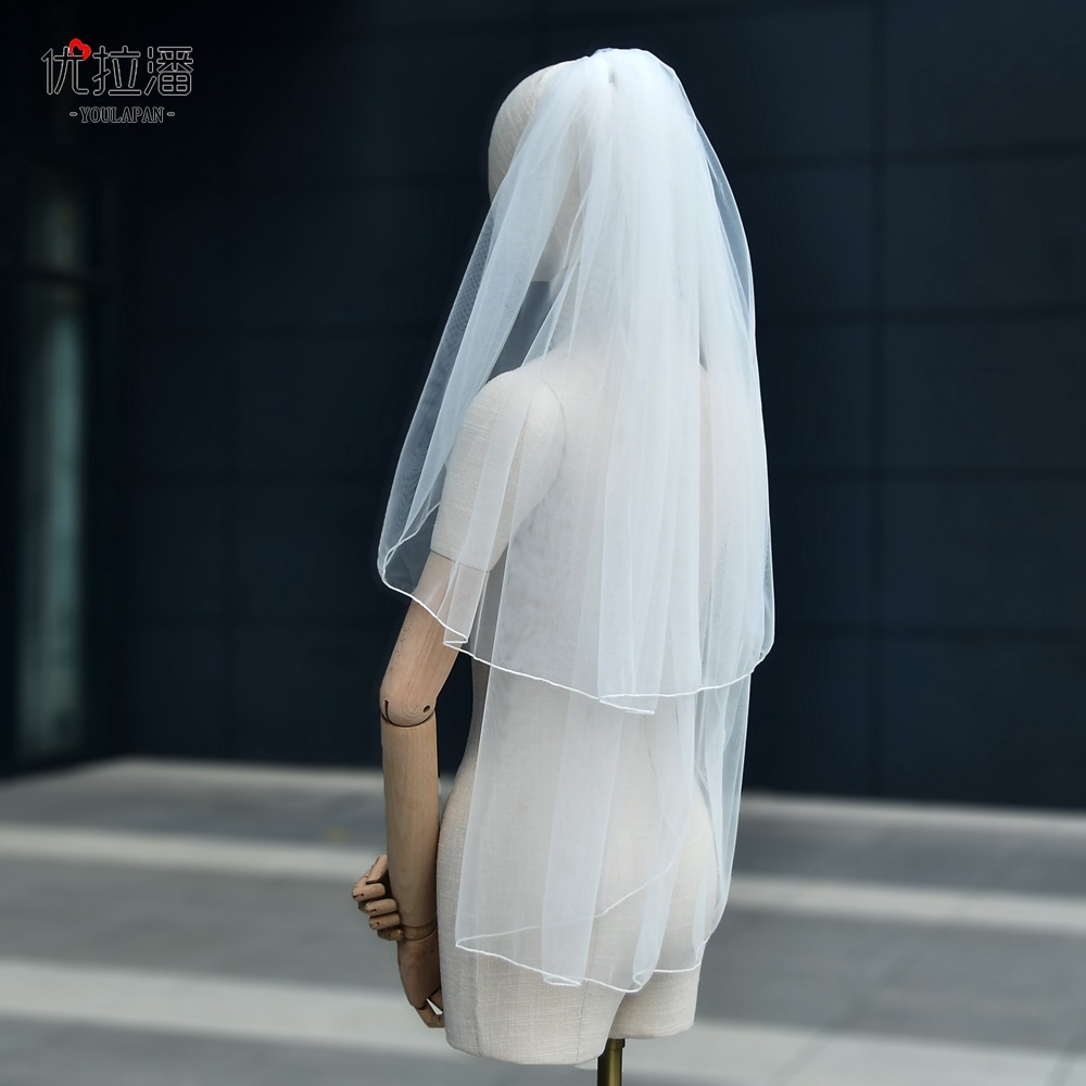 Yolapan V15, Korean bride's veil white, 간단한, 두 층, 단기 결혼식.