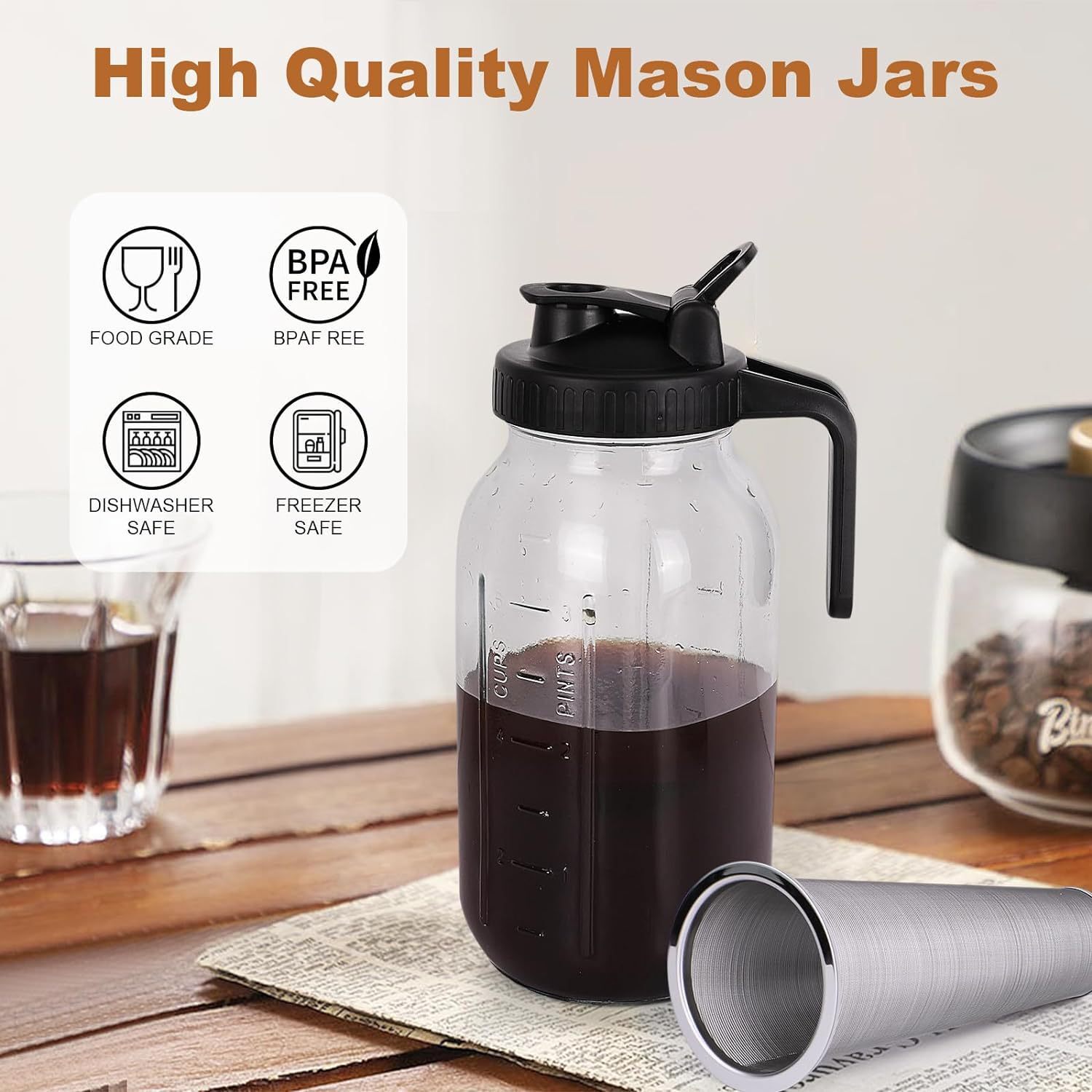 64oz Mason's bottle of Amazon salvo juice with a handle and a lid and a scale Mason's cup.