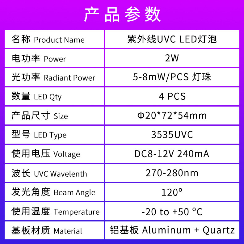 12V紫外线杀菌灯泡UVCLED模组 冰箱电动晾衣架家电紫外线杀菌灯泡