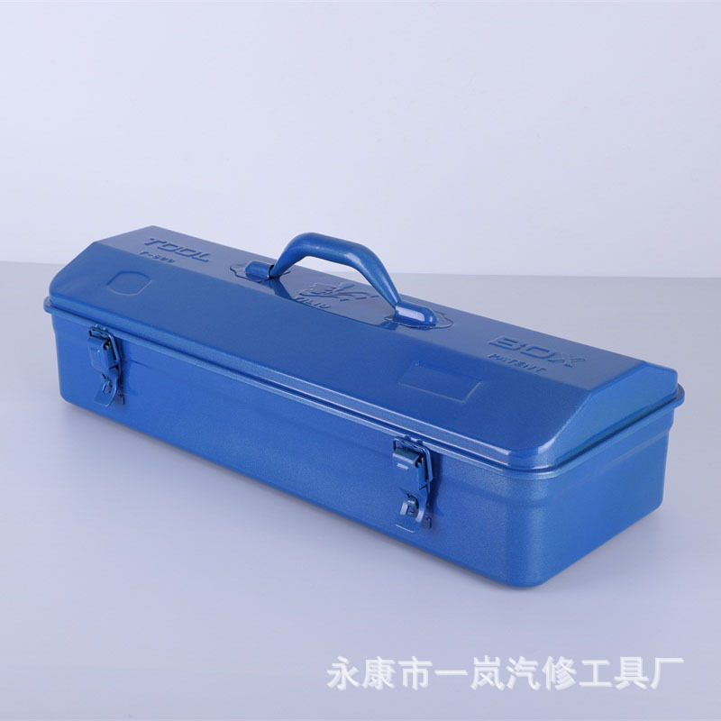 Hand-held iron-coated toolbox.