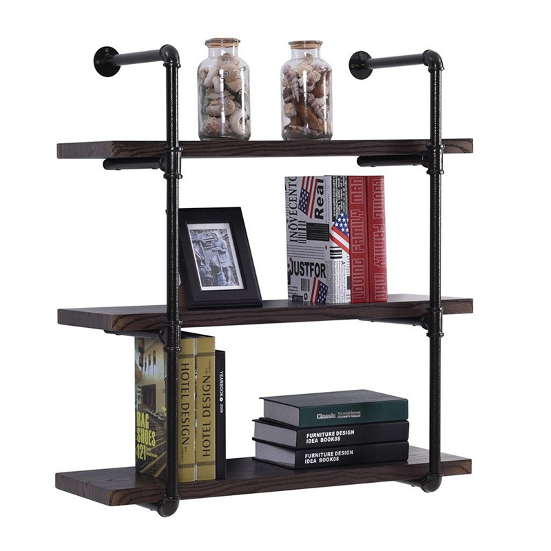 The old industrial wall-mounted metal barbed wire shelf is retro-diy open bookshelfed with floating collections.