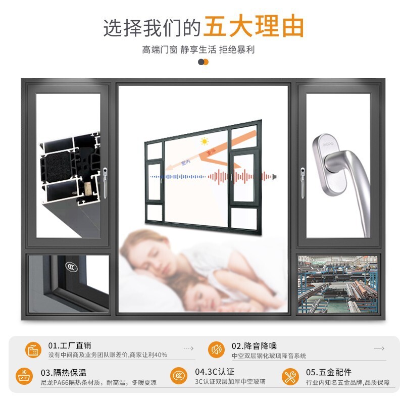 斷橋鋁平開窗防風防盜玻璃紗窗 客廳廚房臥室家用簡約平開窗