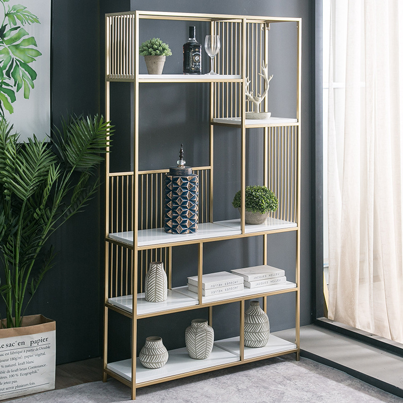 Nordino gold iron partitioning frame around a wooden shelf bedroom decorating gallery display