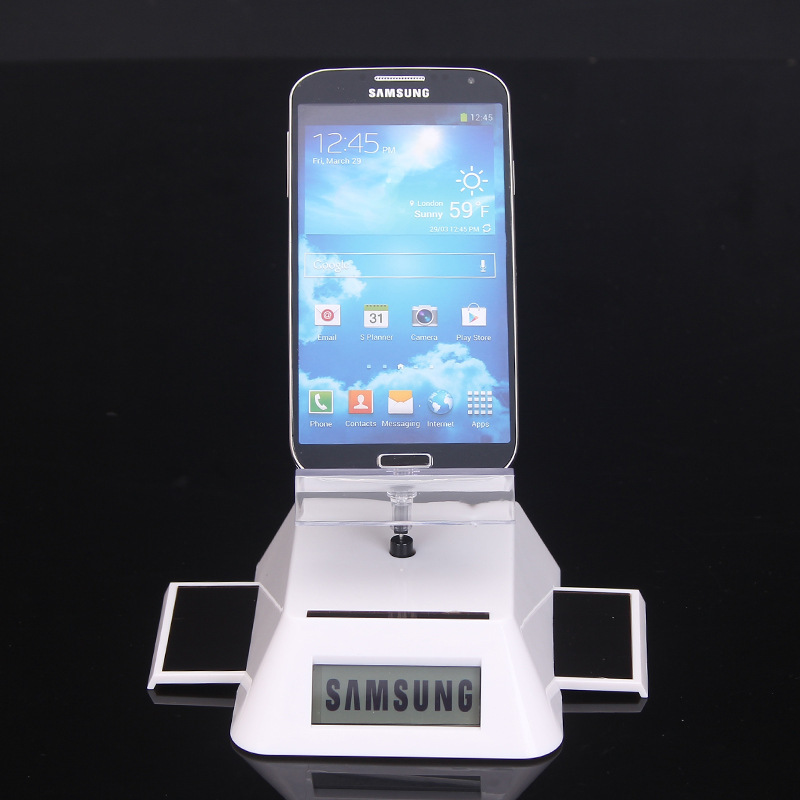 The solar stand rotates to display a LCD phone and a jewellery bracelet display set