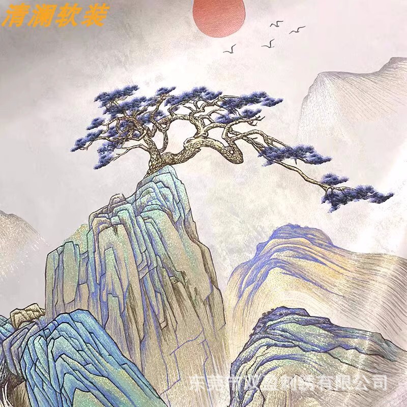 定制山水独绣背景墙布硬包 客厅沙发书房电视背景墙 意境高山流水