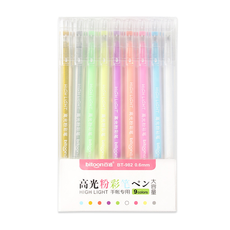 9-color high-light pen set, fluorescent brush for hand-drawing students