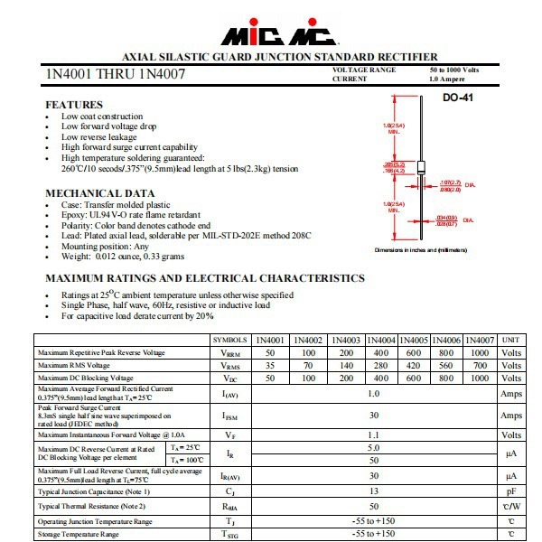 New MIC direct in 1N4001 IN4001 whole-stream diode DO-41 1A 50V full series