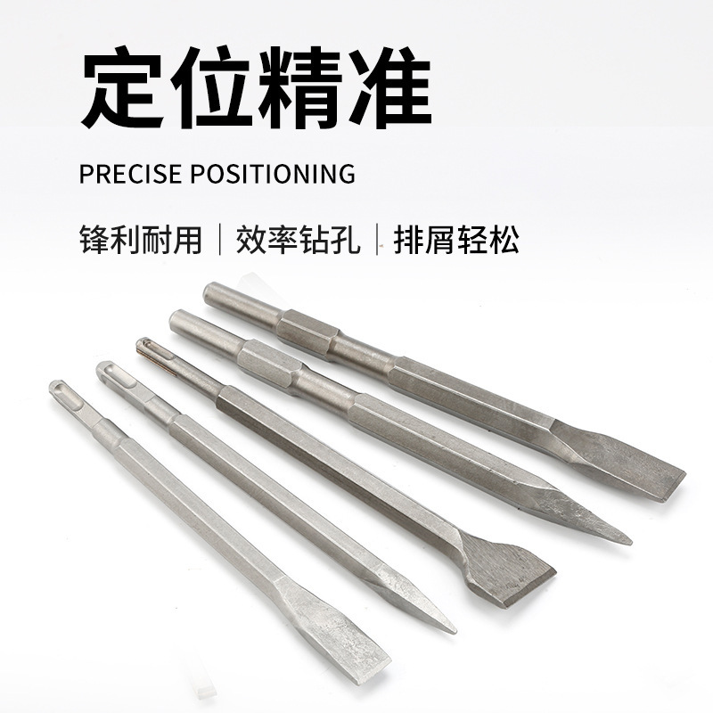 Preferential hammers, sharp and flat chiseled with a round handle, with an impact of 0810 on concrete bricks.