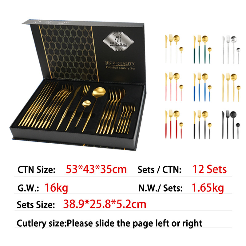 24 sets of gift sets for gold-painted paint in a Portuguese stainless steel knife forkware box in Amazonia.
