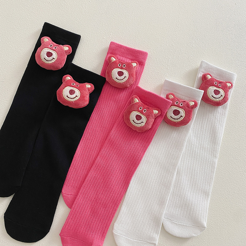 Strawberry Bear Sock Girl, 가을, 겨울 코튼 양말 키즈, 한국식 인형 양말 아기 봄 면 양말