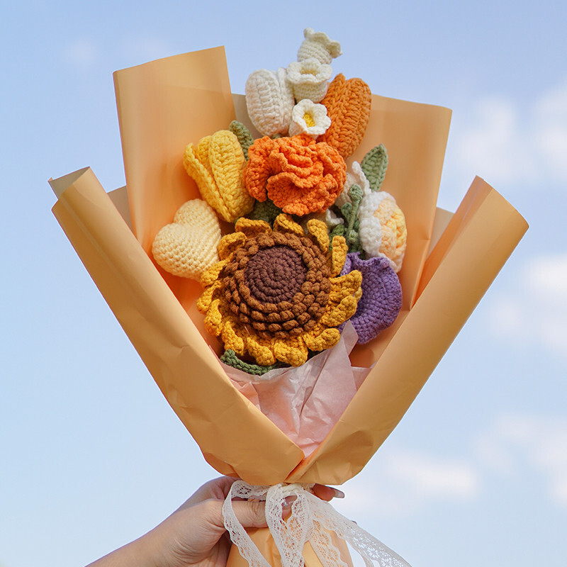 Hand-made crocheting of sunflower rose bouquets for valentines.