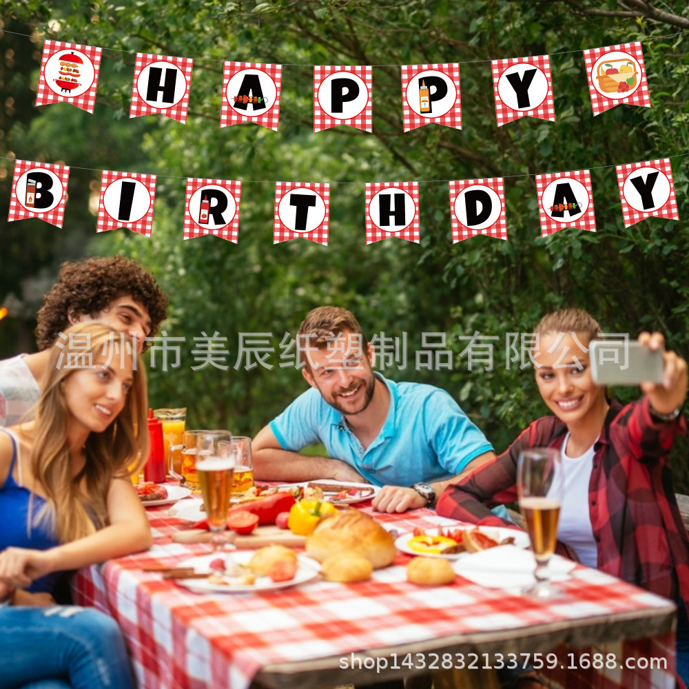 New BBQ party banner, barbecue party birthday flag, out-of-the-field barbecue banner party decoration.