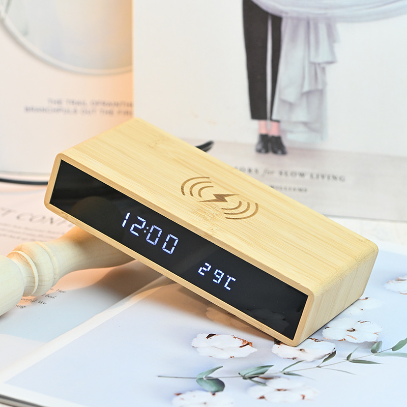 Cross-border mobile phone wireless charger multi-purpose bamboo multipurpose alarm clock super thin smart electronic lenses