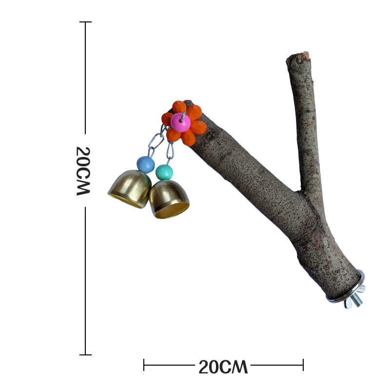 鳥類鸚鵡玩具 帶皮原木二分樹杈站杆 六葉花銅帶鈴鐺耐啃咬樹杈