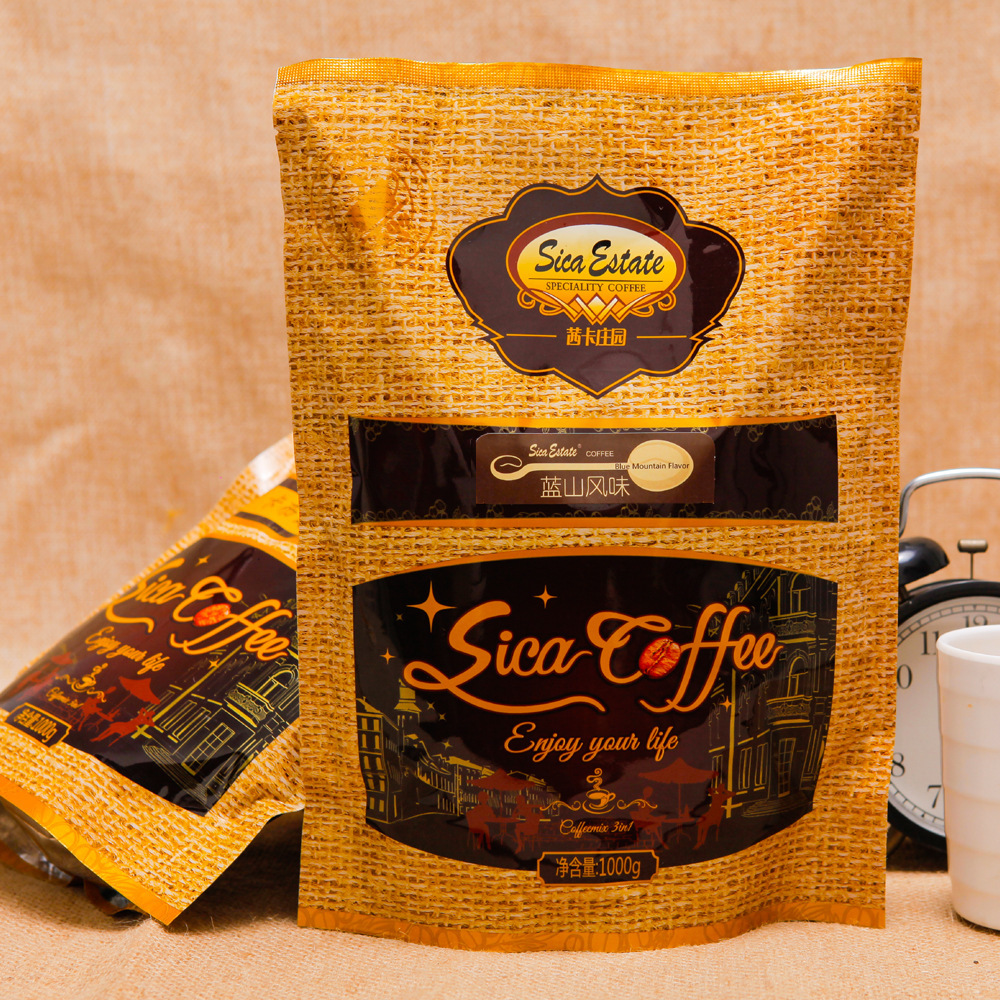 A kilo of soluble coffee, blue mountain-flavored coffee, fresh and baked, three times soluble commercial.