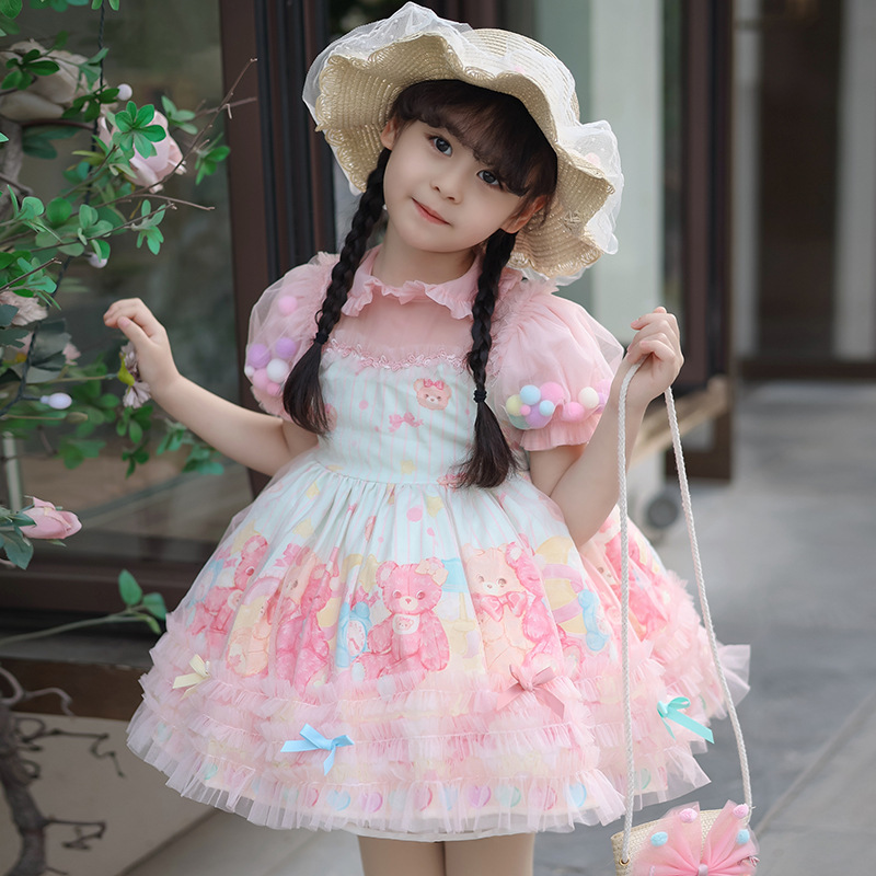 Original design of Princess Rainbow bear dress, 2024, new summer dress for children, blizzard and bubble-sleeves.