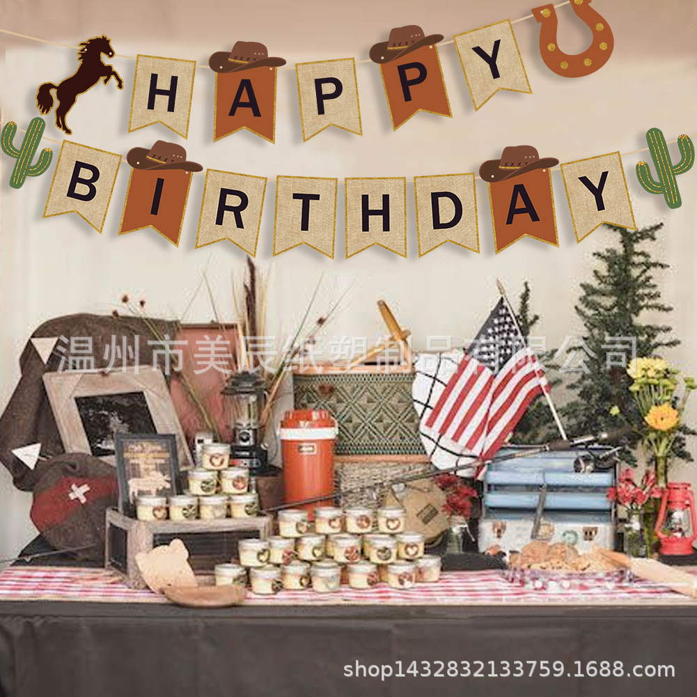 New cowboy series, reguma birthday banners, birthday party decorations, club decorating flags.