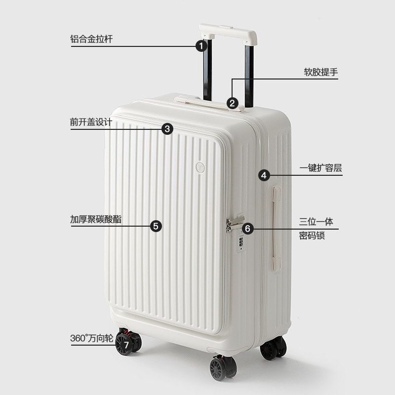 A new 2024 for a woman with a side open suitcase to expand the multi-purpose lift box to 20-inch suitcase for the man.